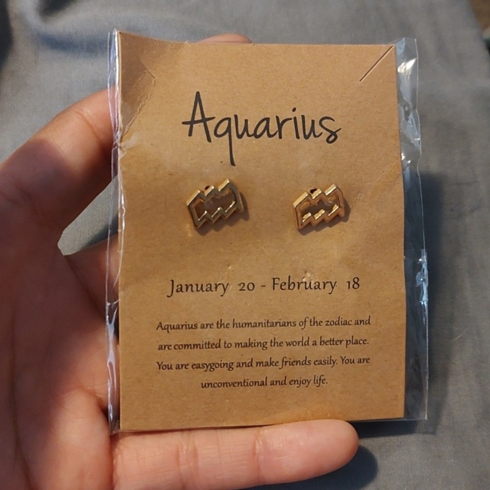 Gold Aquarius Zodiac Stud Earrings